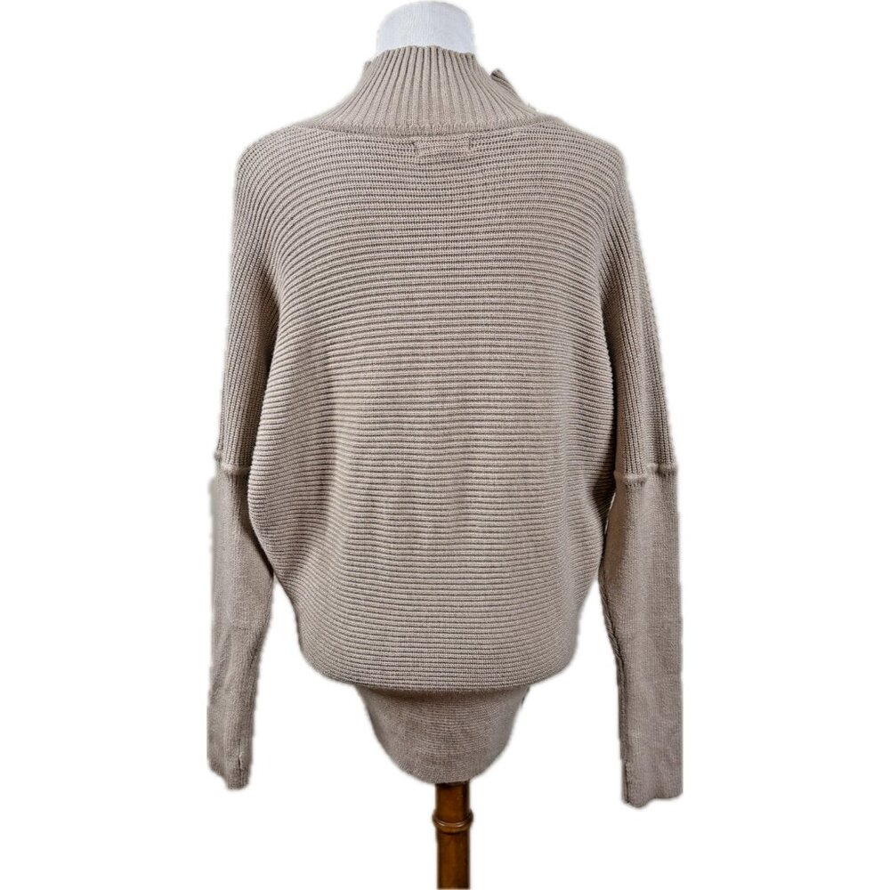 Elan Keegan Sweater Beige L Large Crossover Front Mock Neck Ribbed Thumbholes - Picture 3 of 7
